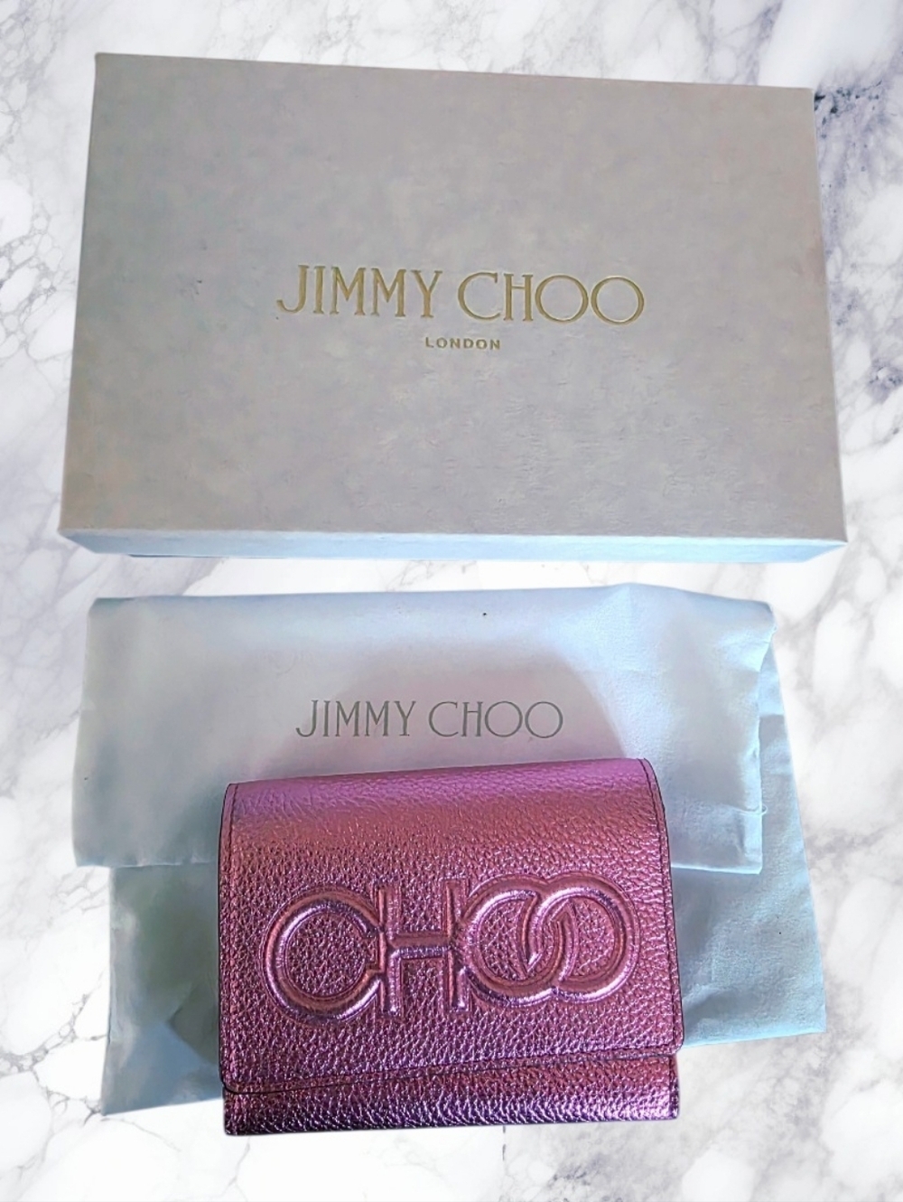 Jimmy Choo Nero Metallic Pink Leather Wallet NIB NWT Full Set Box Dust Bag